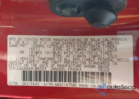 2010 Toyota Tacoma Prerunner V6 z USA, uszkodzony, nr VIN 3TMJU4GN8AM109323